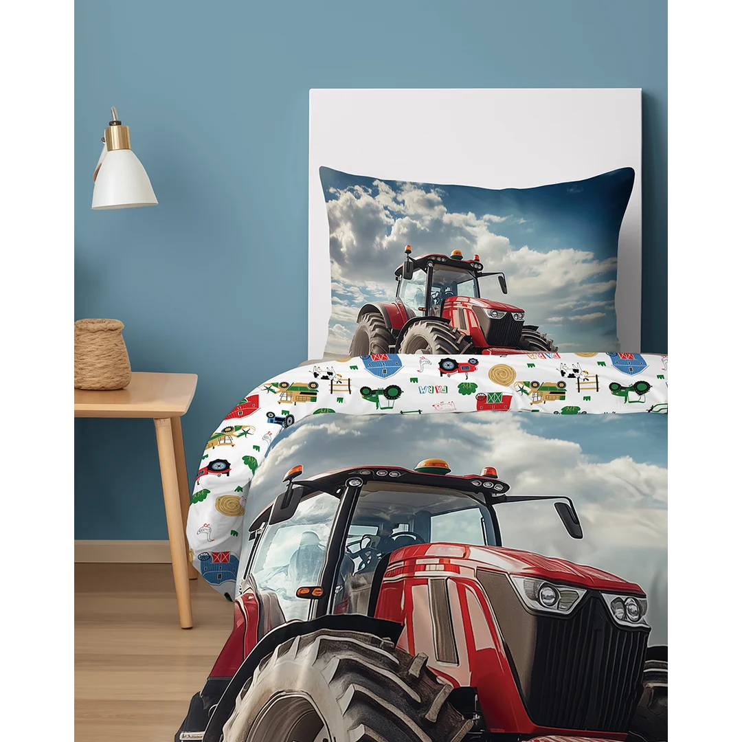 Pościel bawełniana młodzieżowa 140x200 - 5700 A - z czerwonym traktorem rolniczym na polu - Cotton Junior Collection — zdjęcie 3