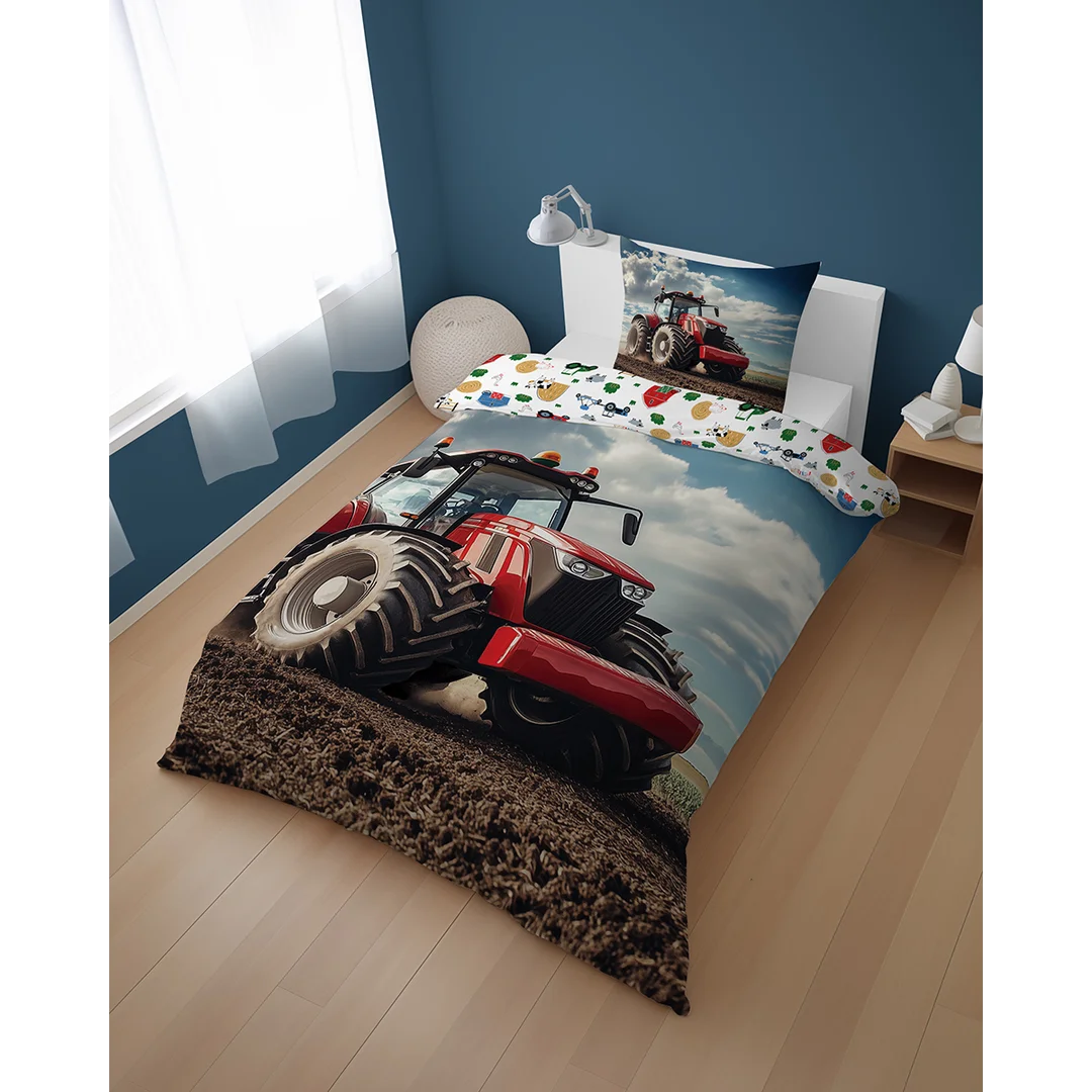 Pościel bawełniana młodzieżowa 140x200 - 5700 A - z czerwonym traktorem rolniczym na polu - Cotton Junior Collection — zdjęcie 4