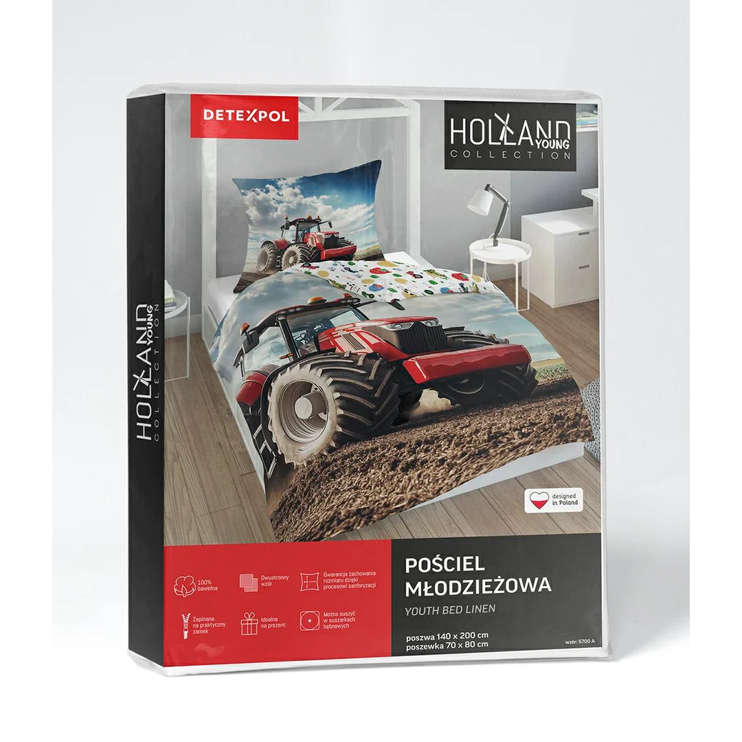 Pościel bawełniana młodzieżowa 140x200 - 5700 A - z czerwonym traktorem rolniczym na polu - Cotton Junior Collection — zdjęcie 5