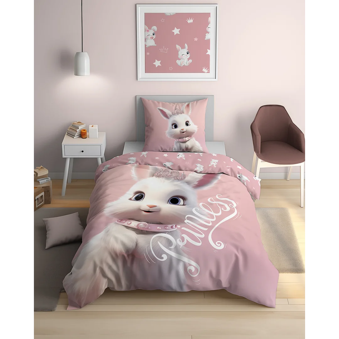 Pościel bawełniana młodzieżowa 140x200 - 5703 A - różowa z królikiem w koronie i napisem Princess - Cotton Junior Collection — zdjęcie 2