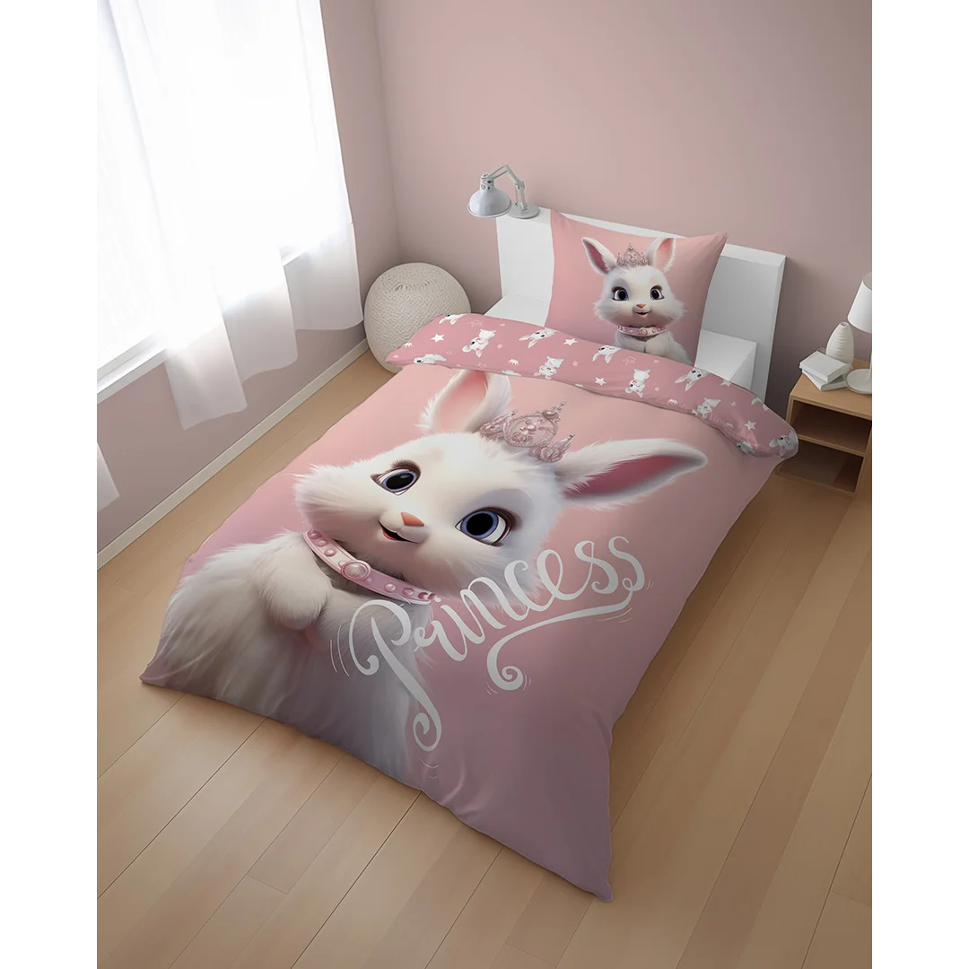 Pościel bawełniana młodzieżowa 140x200 - 5703 A - różowa z królikiem w koronie i napisem Princess - Cotton Junior Collection — zdjęcie 4