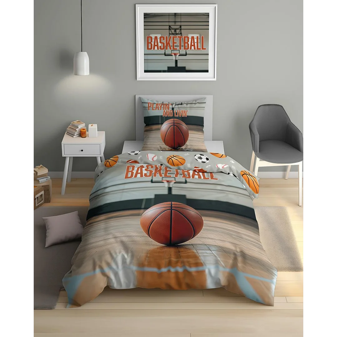 Pościel bawełniana młodzieżowa 140x200 szara z motywem koszykówki Basketball – 5866 A – Dream Collection — zdjęcie 2
