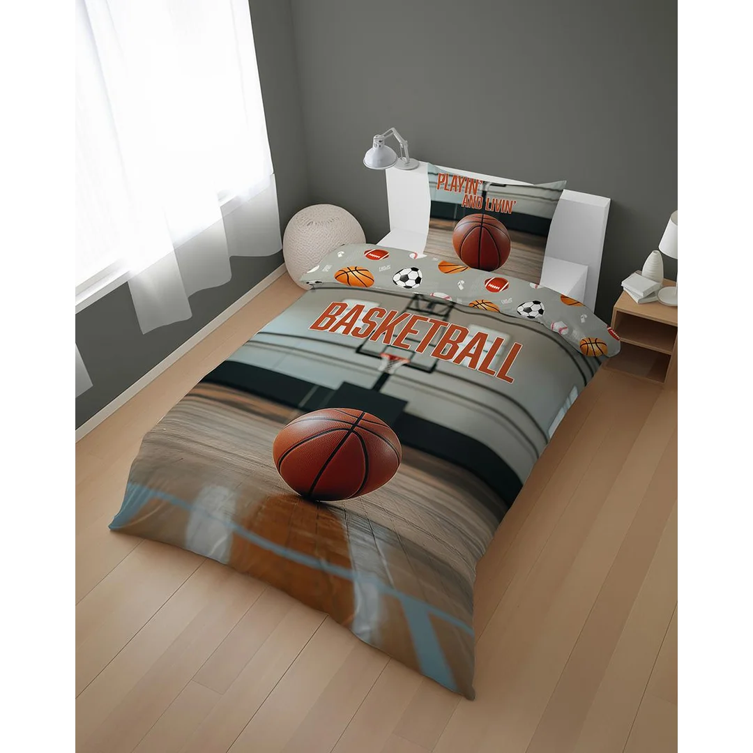Pościel bawełniana młodzieżowa 140x200 szara z motywem koszykówki Basketball – 5866 A – Dream Collection — zdjęcie 3