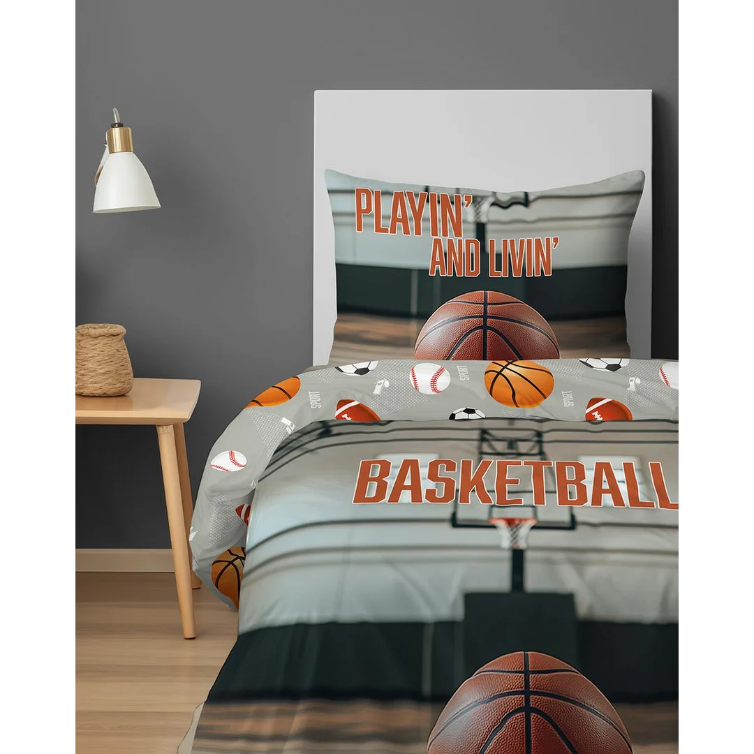 Pościel bawełniana młodzieżowa 140x200 szara z motywem koszykówki Basketball – 5866 A – Dream Collection — zdjęcie 4