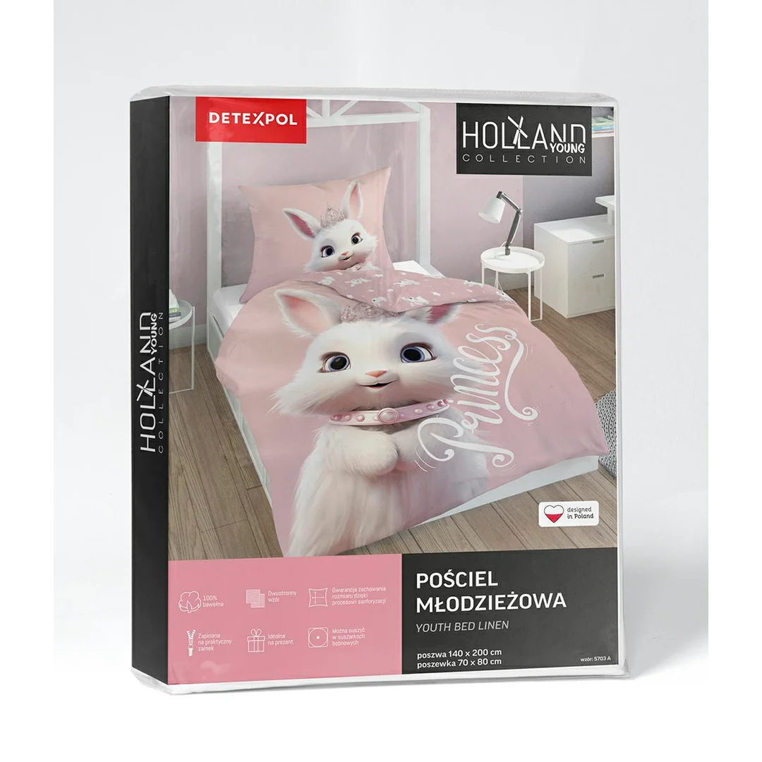 Pościel bawełniana młodzieżowa 160x200 - 5703 A - różowa z królikiem w koronie i napisem Princess - Cotton Junior Collection — zdjęcie 5