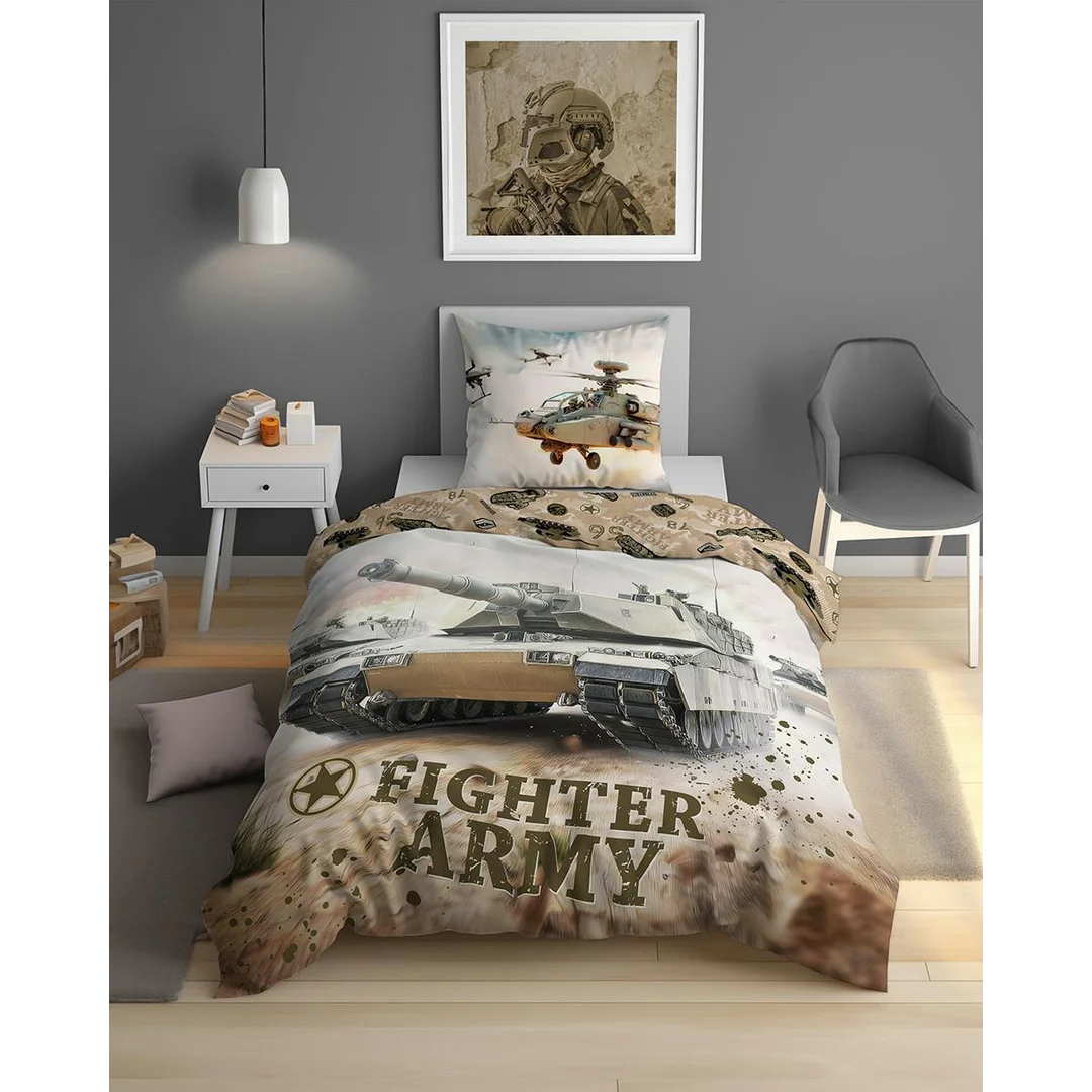 Pościel bawełniana młodzieżowa 160x200 piaskowa z czołgiem Fighter Army – 5864 A – Dream Collection — zdjęcie 2