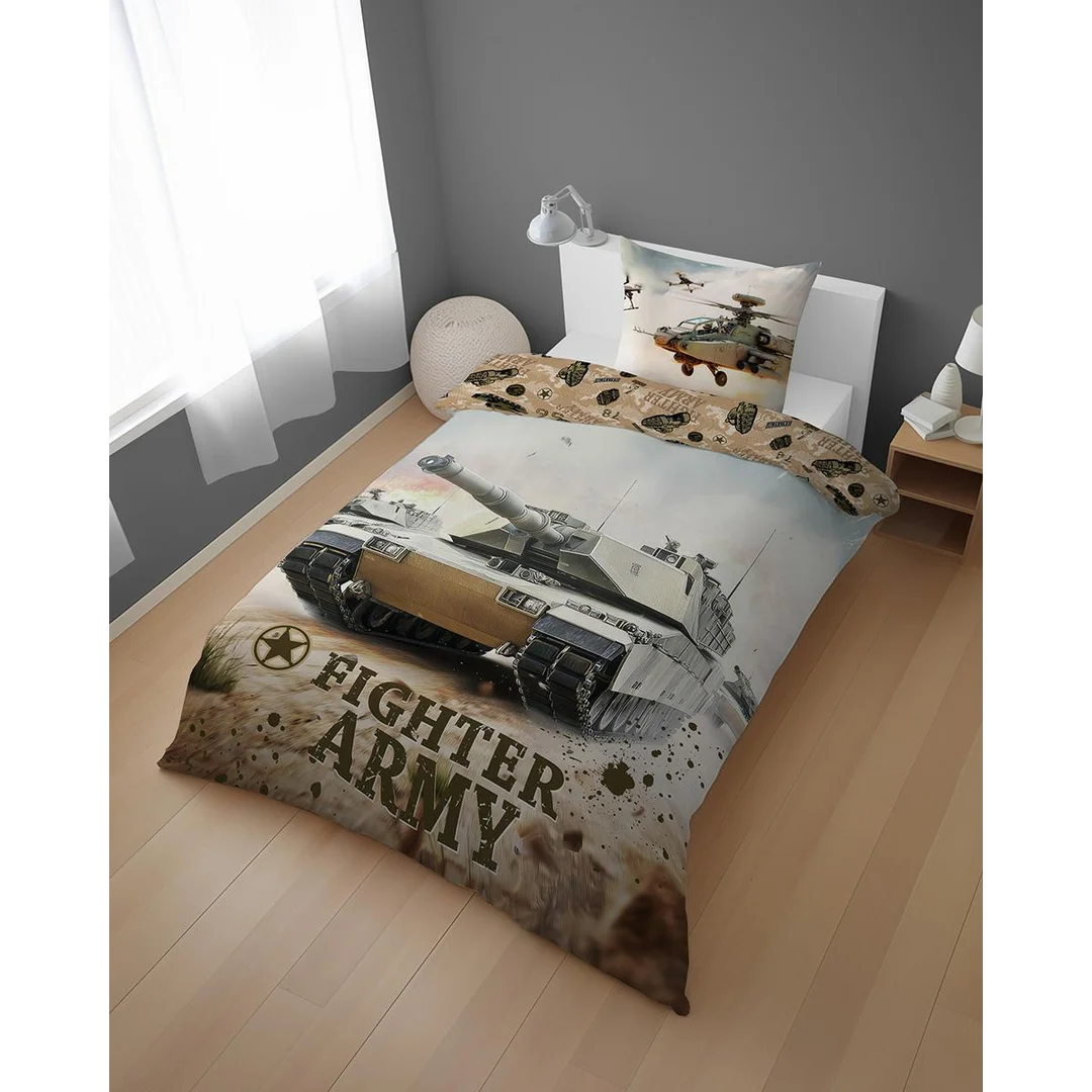 Pościel bawełniana młodzieżowa 160x200 piaskowa z czołgiem Fighter Army – 5864 A – Dream Collection — zdjęcie 3