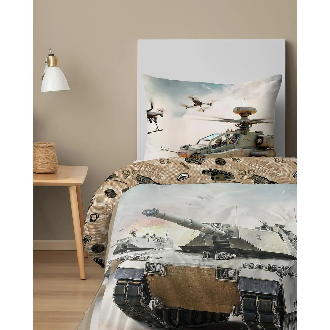 Pościel bawełniana młodzieżowa 160x200 piaskowa z czołgiem Fighter Army – 5864 A – Dream Collection — zdjęcie 4