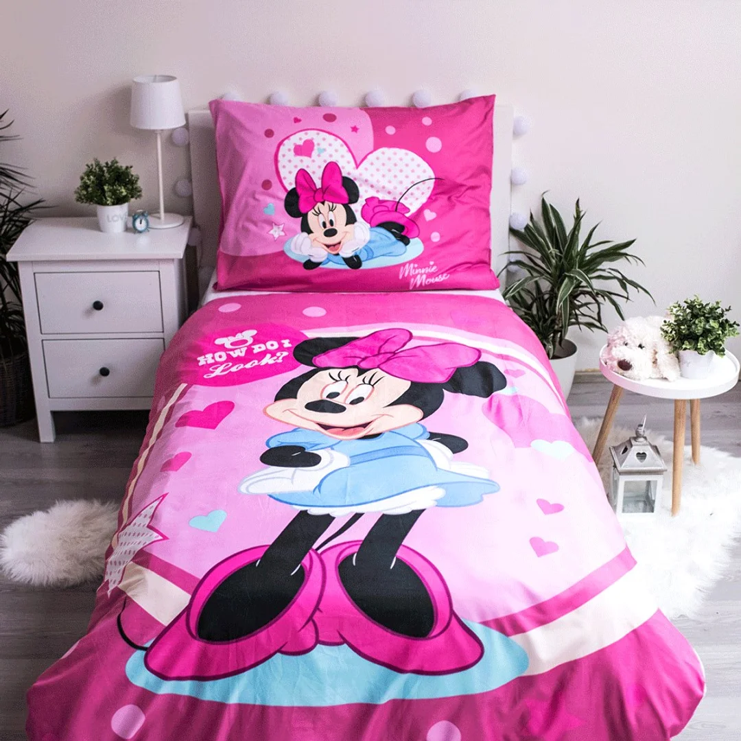 Pościel dziecięca 140x200 Myszka Mini Minnie Mouse 9503 różowa amarantowa w groszki poszewka 70x90 — zdjęcie 2