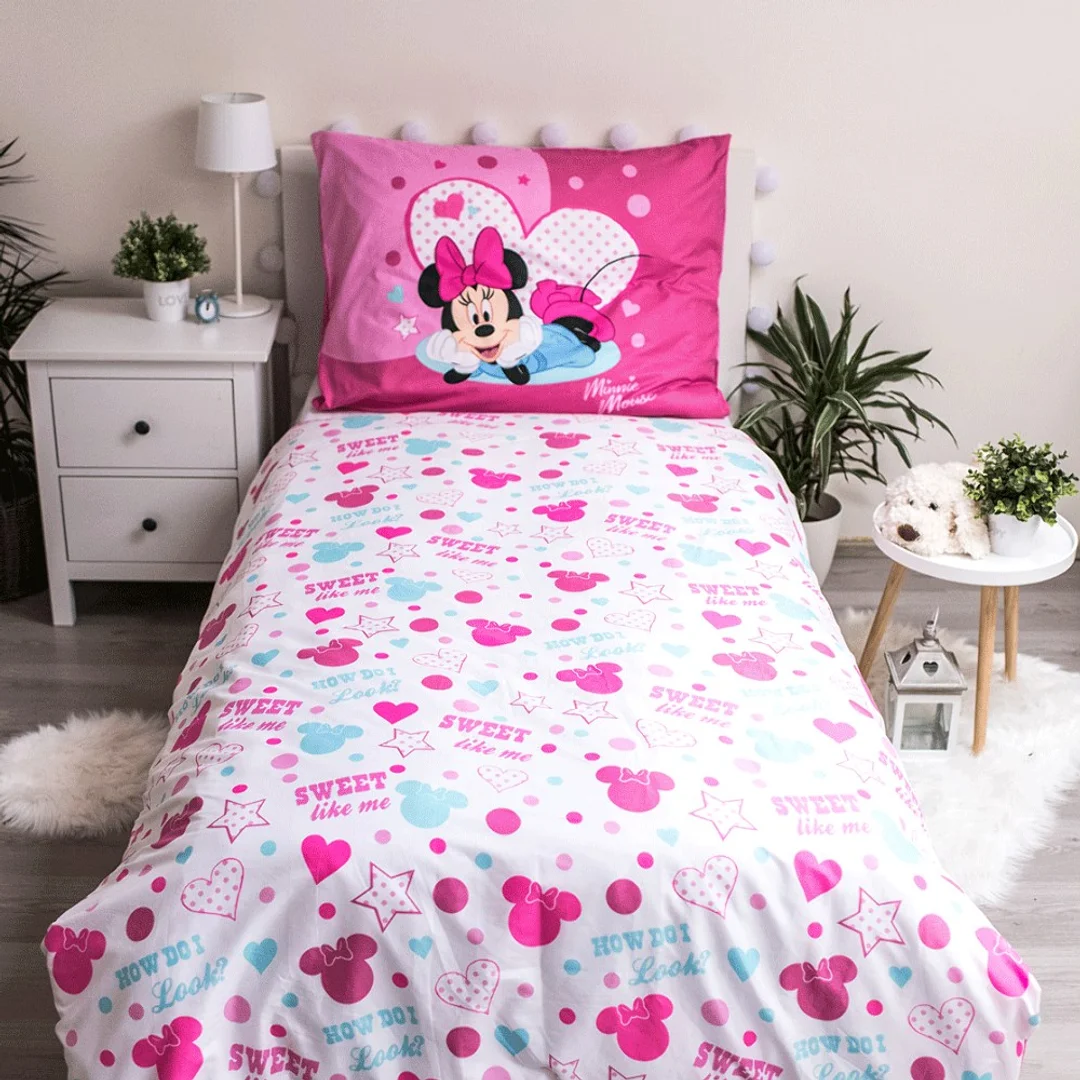 Pościel dziecięca 140x200 Myszka Mini Minnie Mouse 9503 różowa amarantowa w groszki poszewka 70x90 — zdjęcie 3