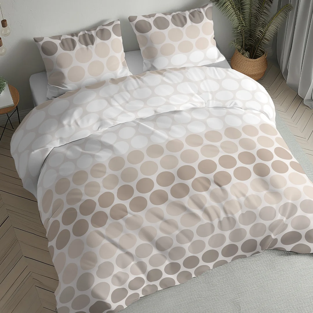 Pościel flanelowa 140x200 beżowa biała w koła - 6048 A - Flanela 2026 — zdjęcie 2
