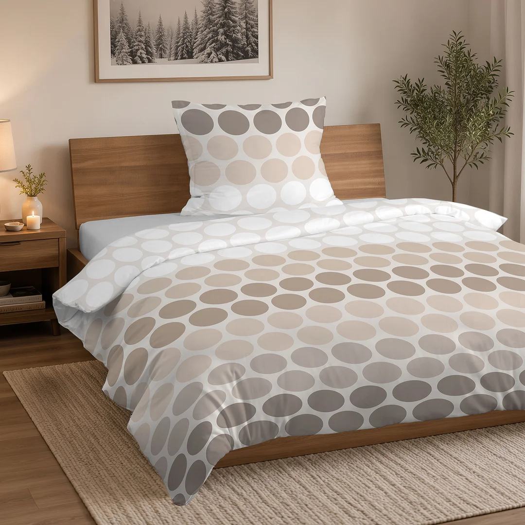 Pościel flanelowa 140x200 beżowa biała w koła - 6048 A - Flanela 2026 — zdjęcie 4