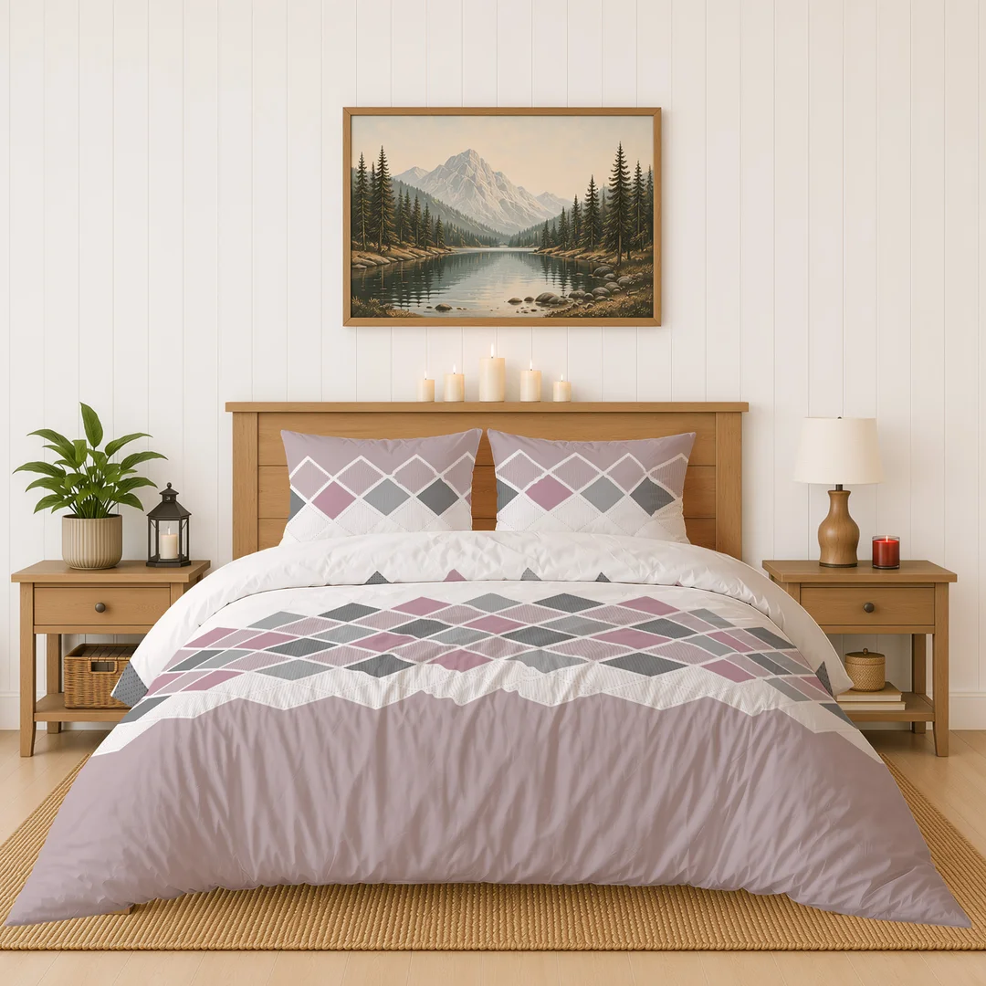 Pościel flanelowa 140x200 beżowa różowa w romby - 6036 B - Flanela 2026 — zdjęcie 3