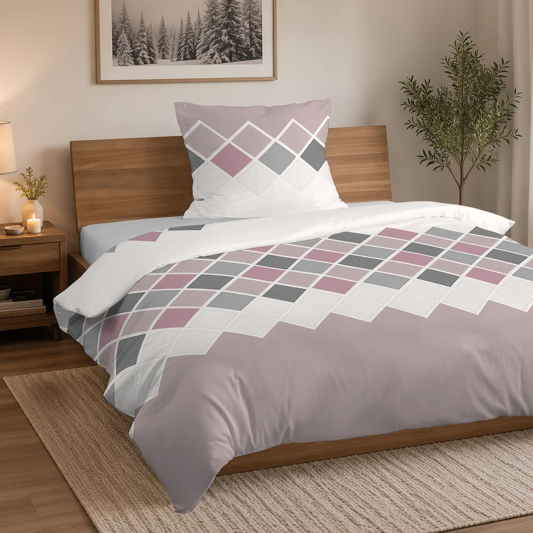 Pościel flanelowa 140x200 beżowa różowa w romby - 6036 B - Flanela 2026 — zdjęcie 4