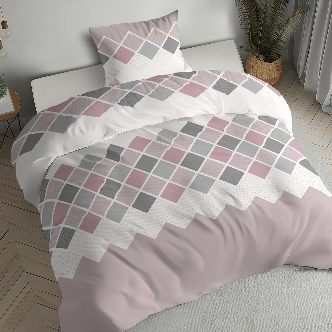 Pościel flanelowa 140x200 beżowa różowa w romby - 6036 B - Flanela 2026 — zdjęcie 5
