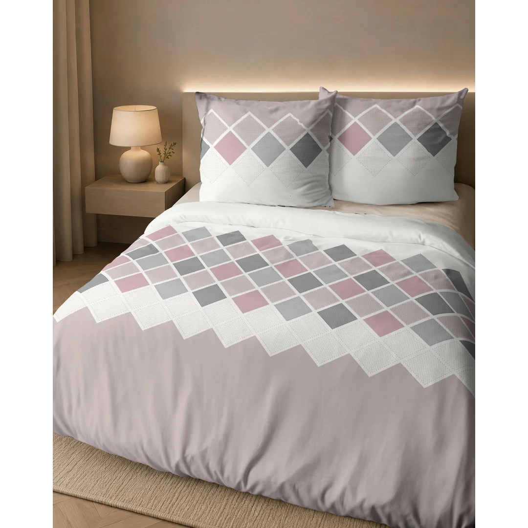 Pościel flanelowa 140x200 beżowa różowa w romby - 6036 B - Flanela 2026 — zdjęcie 7