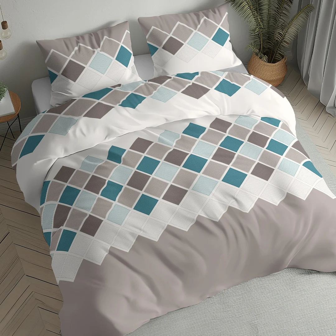 Pościel flanelowa 140x200 beżowa turkusowa w romby - 6036 A - Flanela 2026 — zdjęcie 2
