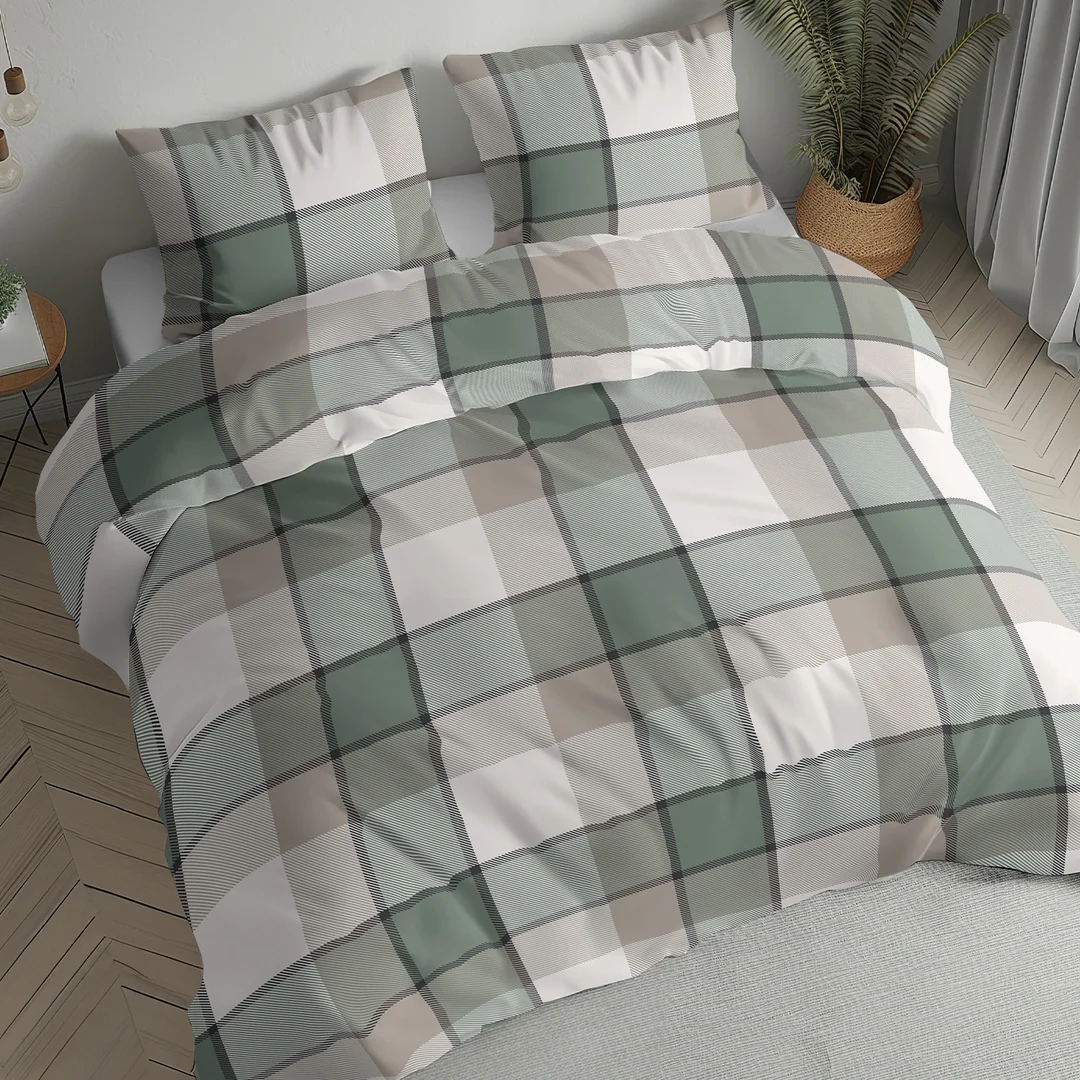 Pościel flanelowa 140x200 beżowa zielona w dużą kratę - 6037 A - Flanela 2026 — zdjęcie 2