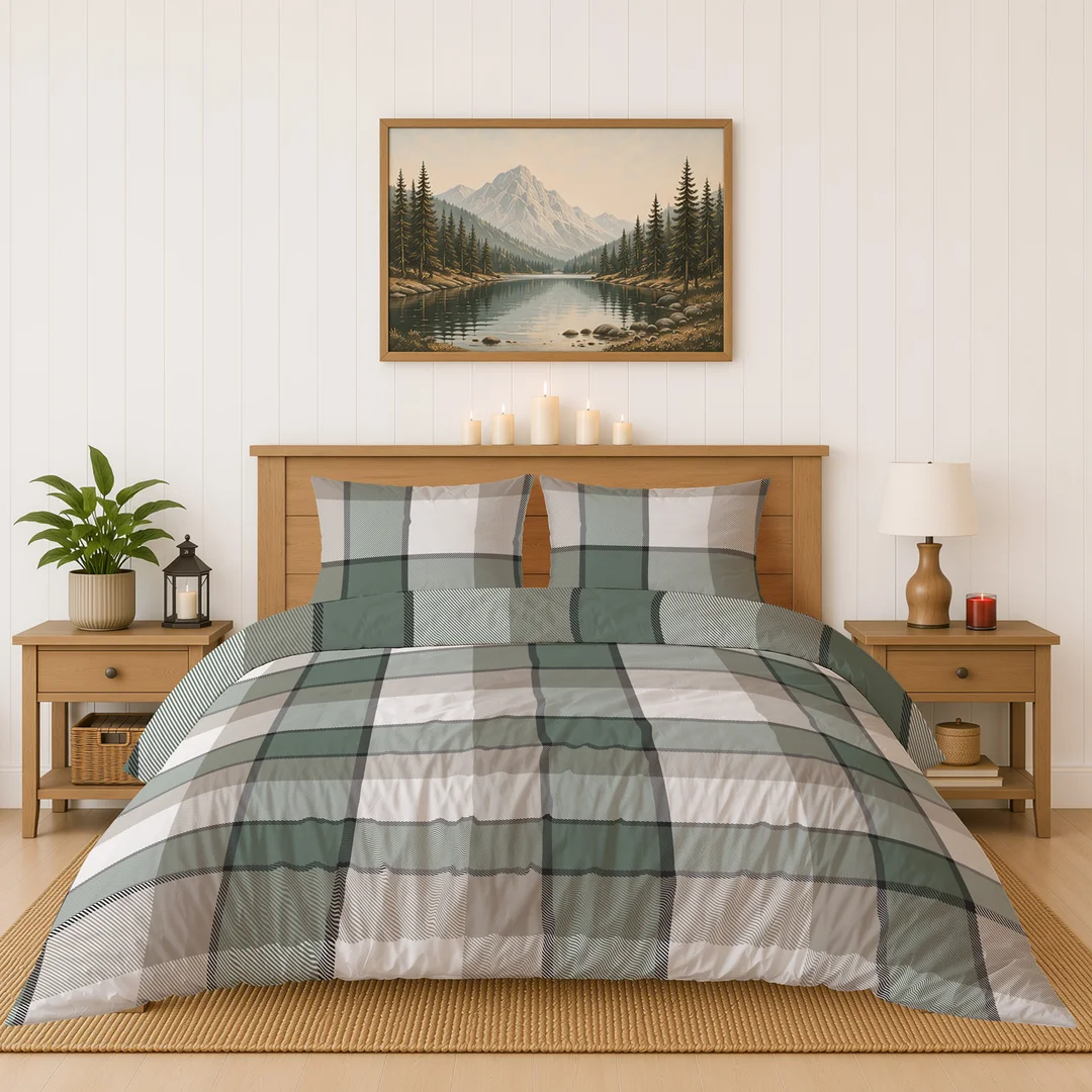 Pościel flanelowa 140x200 beżowa zielona w dużą kratę - 6037 A - Flanela 2026 — zdjęcie 3