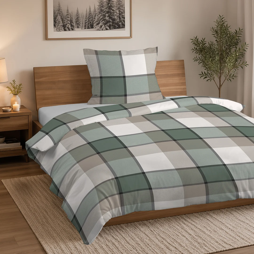 Pościel flanelowa 140x200 beżowa zielona w dużą kratę - 6037 A - Flanela 2026 — zdjęcie 4