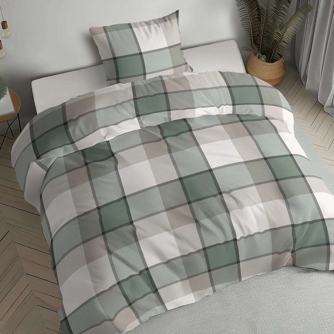 Pościel flanelowa 140x200 beżowa zielona w dużą kratę - 6037 A - Flanela 2026 — zdjęcie 5