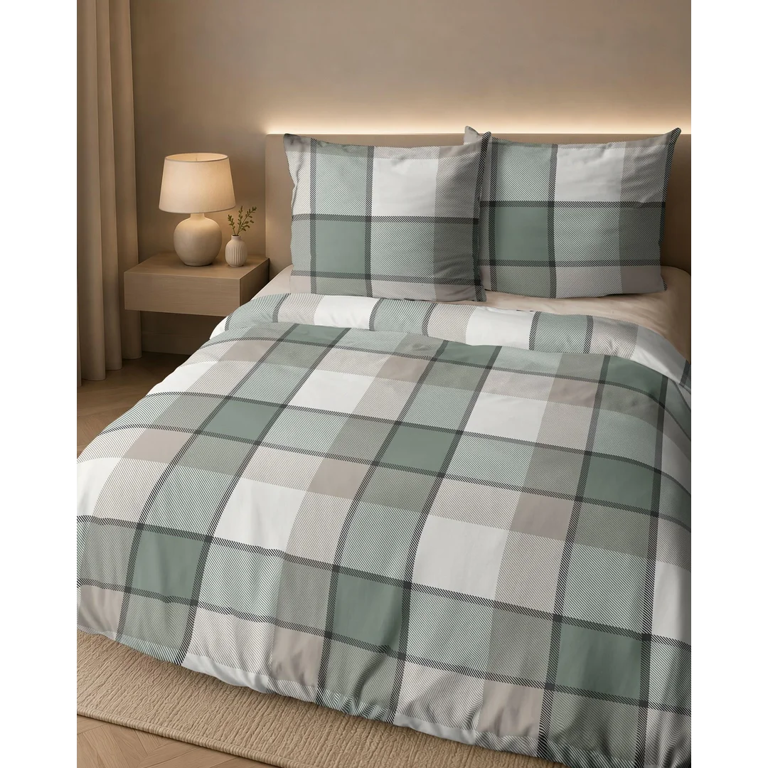 Pościel flanelowa 140x200 beżowa zielona w dużą kratę - 6037 A - Flanela 2026 — zdjęcie 7