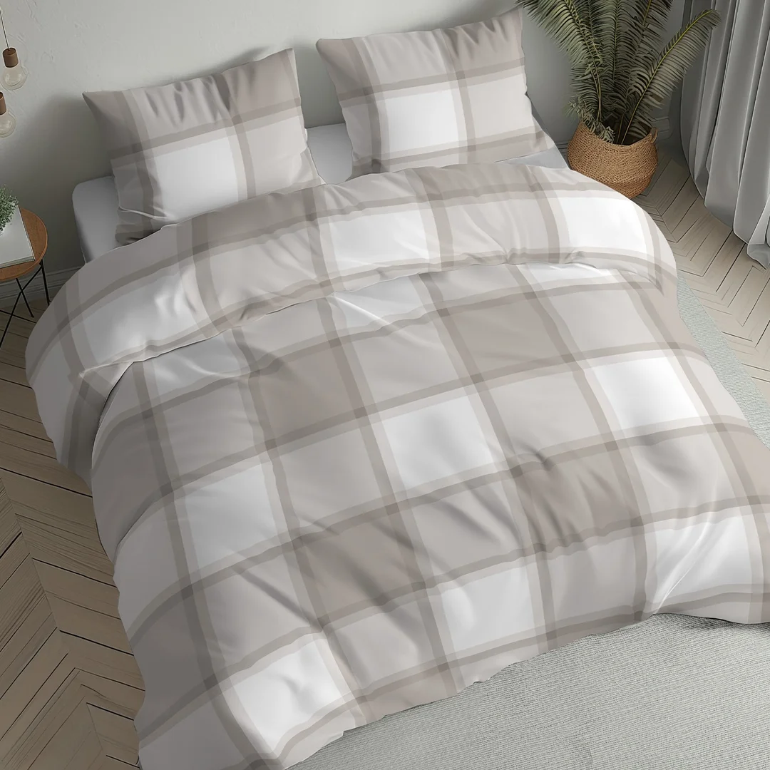 Pościel flanelowa 140x200 biała beżowa w dużą kratę - 6049 B - Flanela 2026 — zdjęcie 2