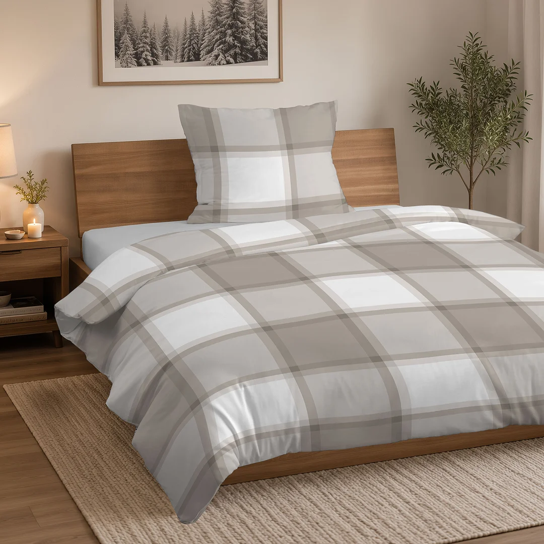 Pościel flanelowa 140x200 biała beżowa w dużą kratę - 6049 B - Flanela 2026 — zdjęcie 4