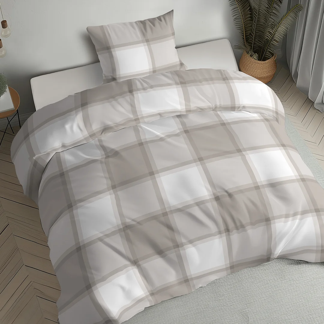 Pościel flanelowa 140x200 biała beżowa w dużą kratę - 6049 B - Flanela 2026 — zdjęcie 5