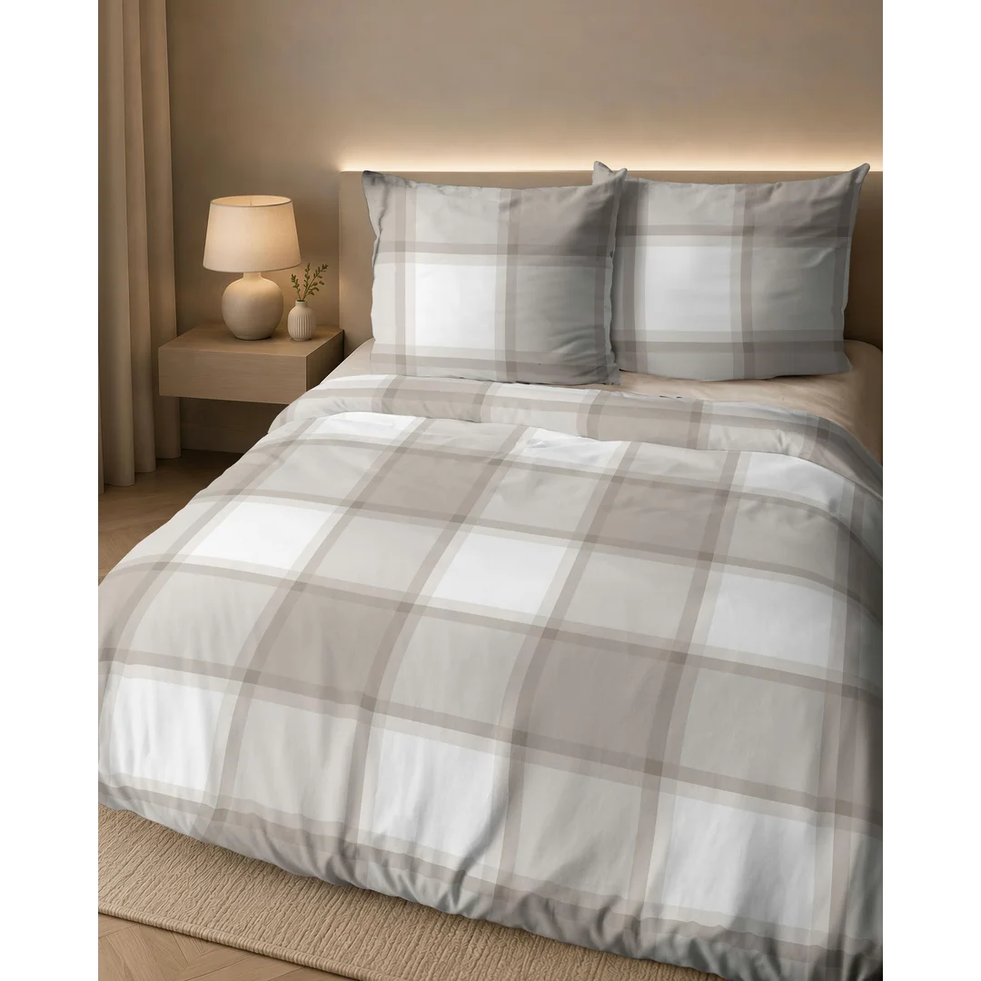 Pościel flanelowa 140x200 biała beżowa w dużą kratę - 6049 B - Flanela 2026 — zdjęcie 7
