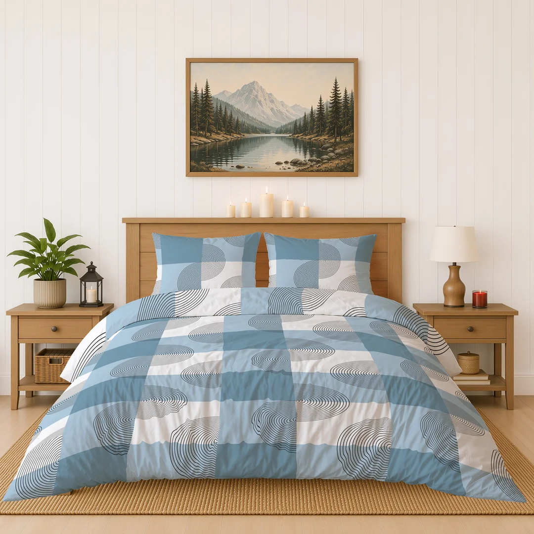 Pościel flanelowa 140x200 biała niebieska w kratę i roślinne ornamenty - 6040 A - Flanela 2026 — zdjęcie 3