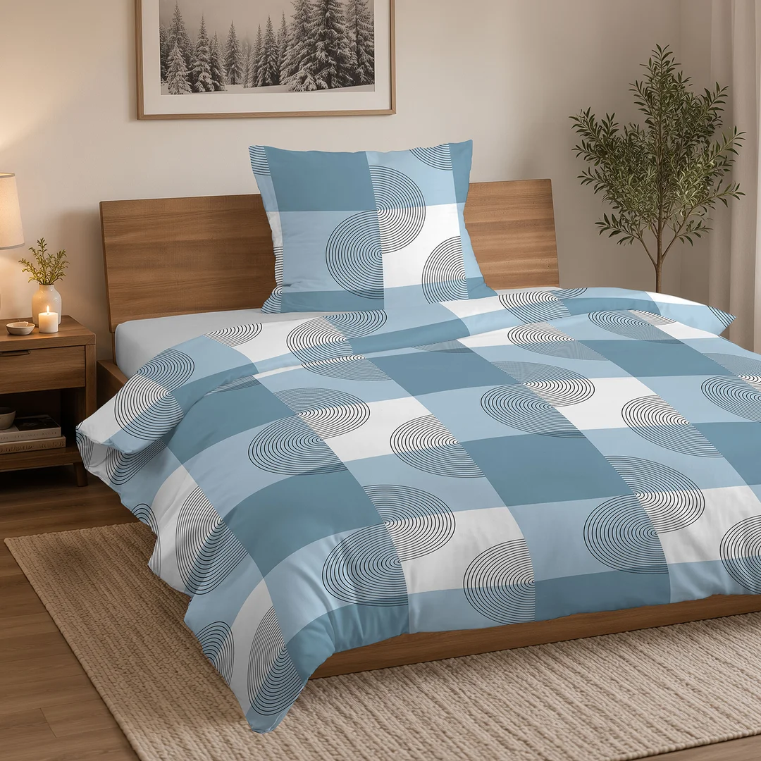 Pościel flanelowa 140x200 biała niebieska w kratę i roślinne ornamenty - 6040 A - Flanela 2026 — zdjęcie 4