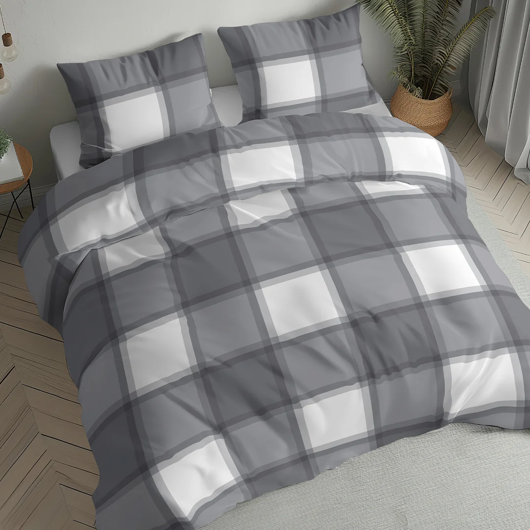 Pościel flanelowa 140x200 biała szara w dużą kratę - 6049 A - Flanela 2026 — zdjęcie 2
