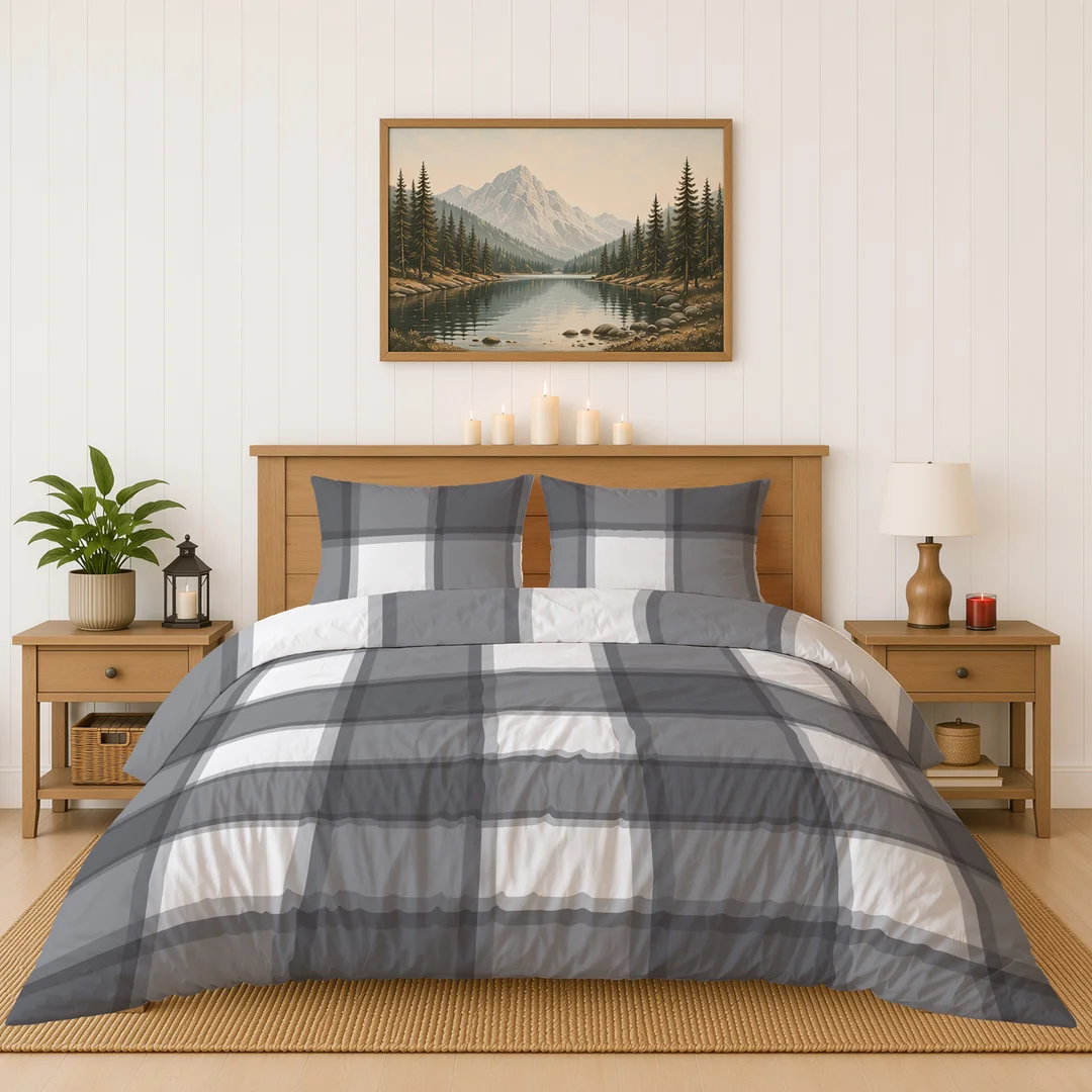 Pościel flanelowa 140x200 biała szara w dużą kratę - 6049 A - Flanela 2026 — zdjęcie 3