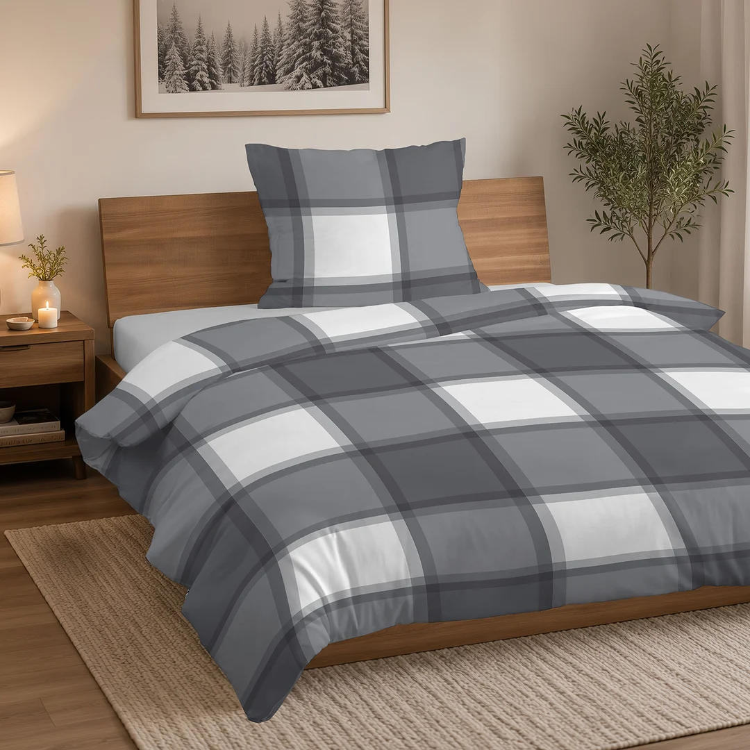 Pościel flanelowa 140x200 biała szara w dużą kratę - 6049 A - Flanela 2026 — zdjęcie 4