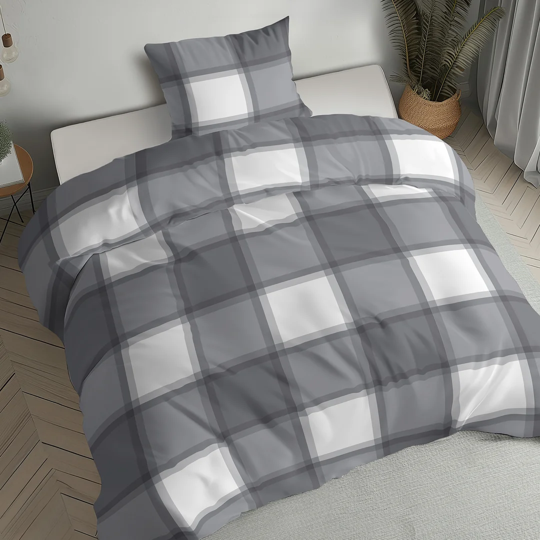 Pościel flanelowa 140x200 biała szara w dużą kratę - 6049 A - Flanela 2026 — zdjęcie 5