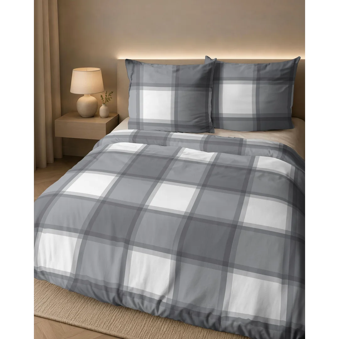 Pościel flanelowa 140x200 biała szara w dużą kratę - 6049 A - Flanela 2026 — zdjęcie 7