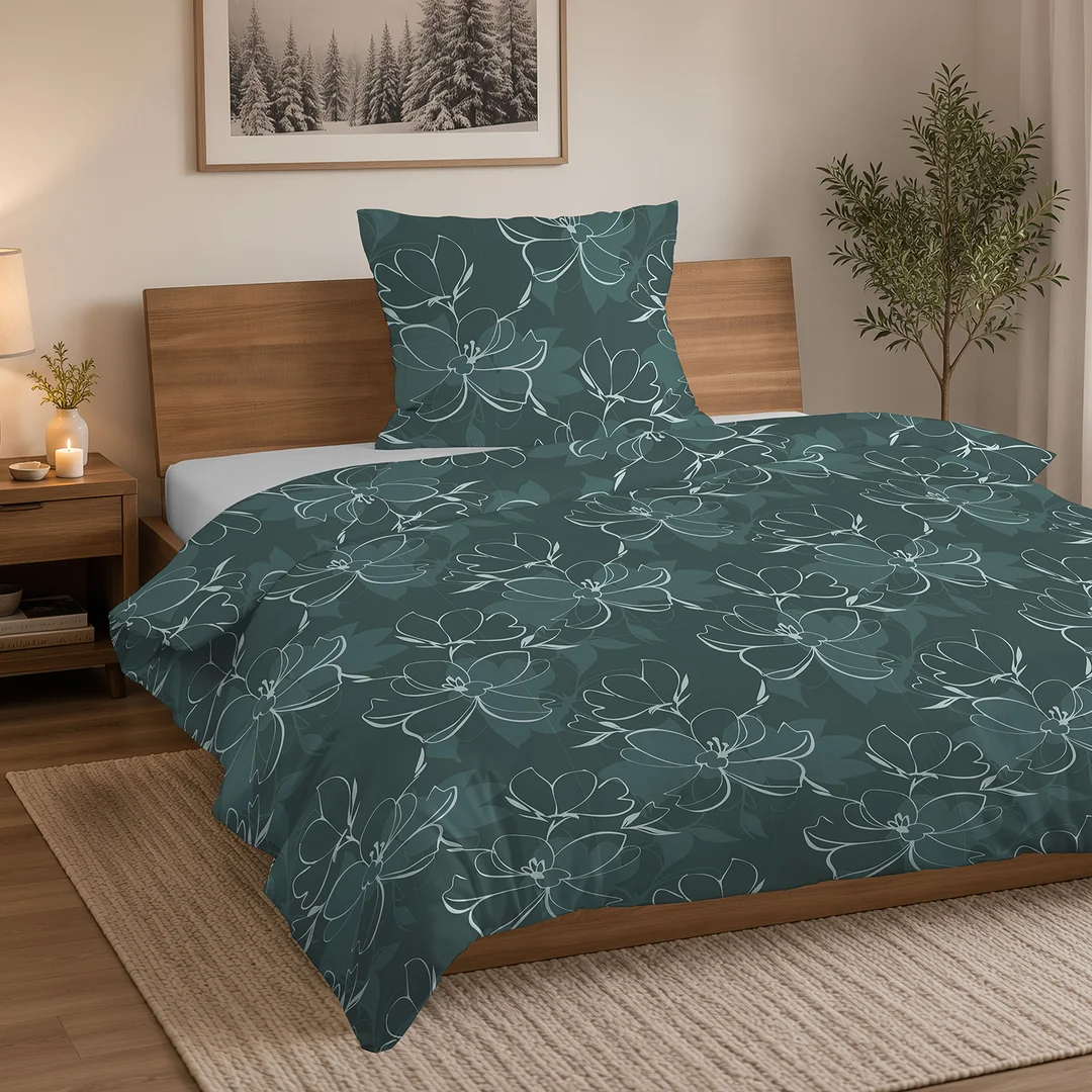 Pościel flanelowa 140x200 ciemnozielona w drobny roślinny wzór - 6042 B - Flanela 2026 — zdjęcie 4