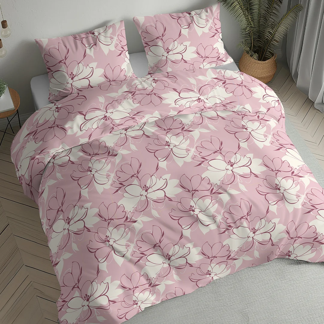 Pościel flanelowa 140x200 pudroworóżowa w kwiaty i gałązki - 6042 A - Flanela 2026 — zdjęcie 2