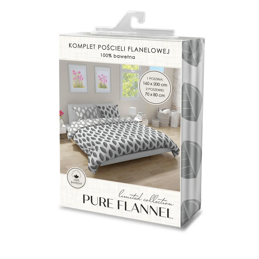 Pościel flanelowa 140x200 Pure Flannel 018 biała szara liście z jedną poszewką Faro — zdjęcie 3