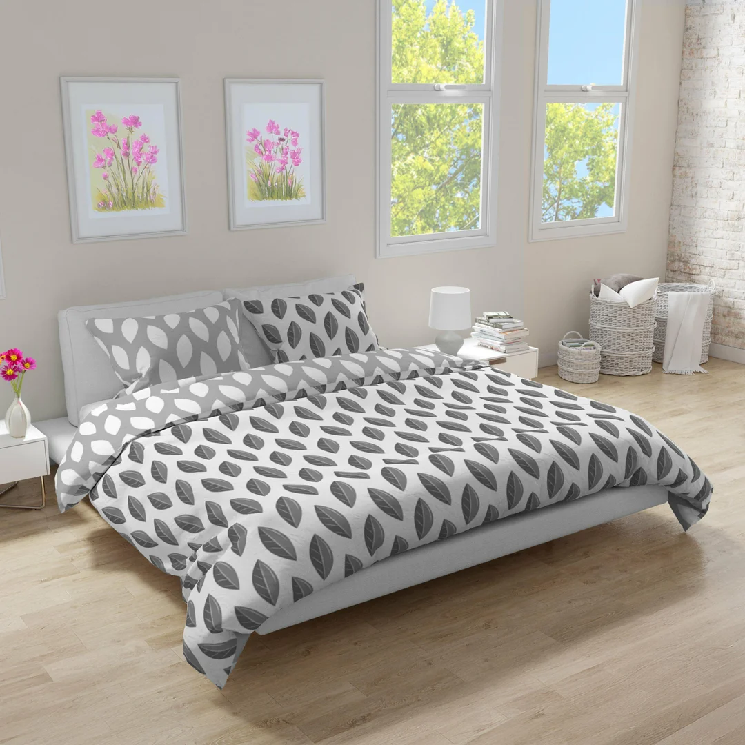 Pościel flanelowa 140x200 Pure Flannel 018 biała szara liście z jedną poszewką Faro — zdjęcie 4