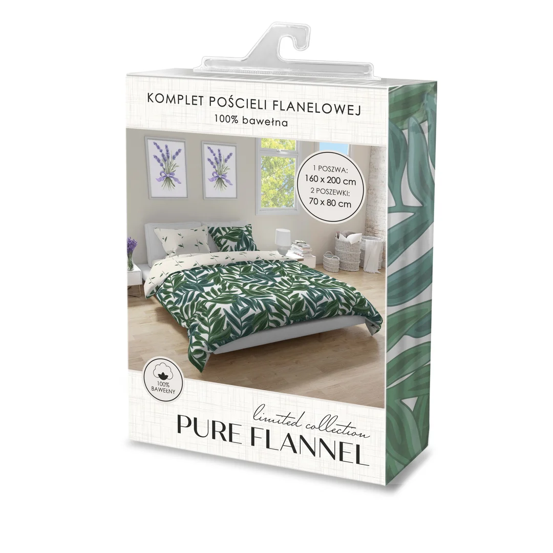 Pościel flanelowa 140x200 Pure Flannel 021 zielona kremowa liście z jedną poszewką Faro — zdjęcie 2
