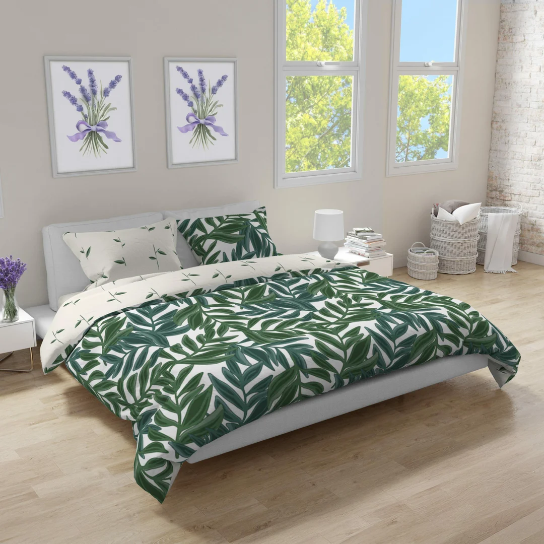 Pościel flanelowa 140x200 Pure Flannel 021 zielona kremowa liście z jedną poszewką Faro — zdjęcie 3