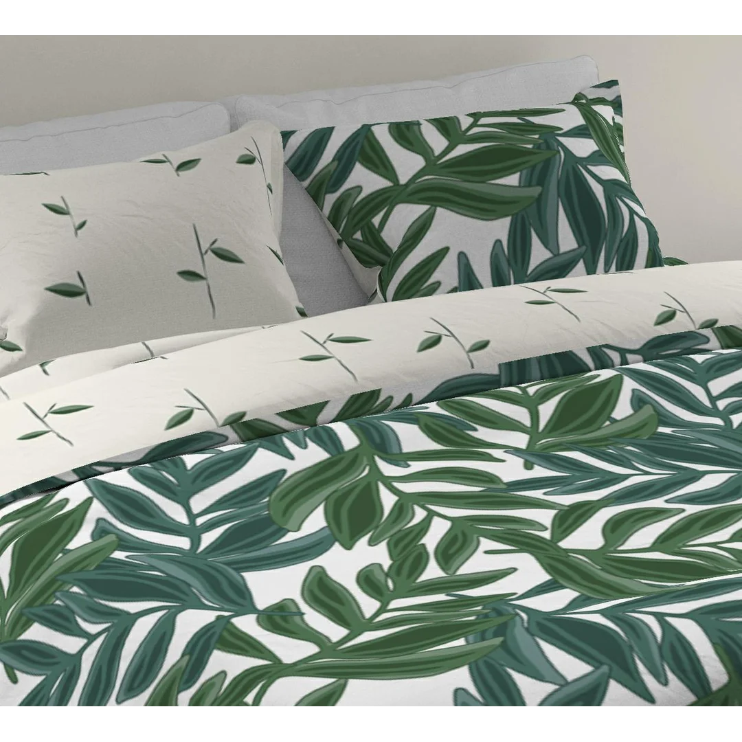 Pościel flanelowa 140x200 Pure Flannel 021 zielona kremowa liście z jedną poszewką Faro — zdjęcie 4