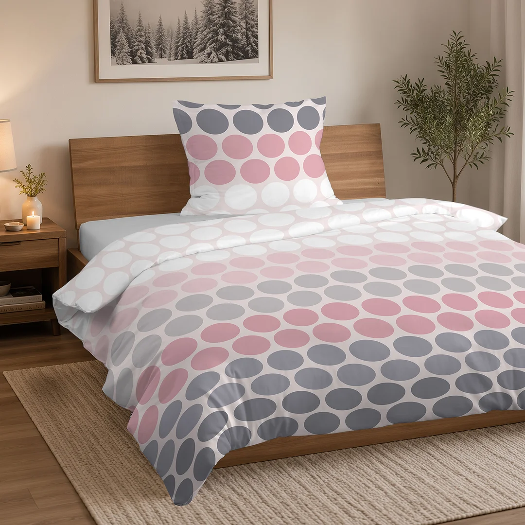 Pościel flanelowa 140x200 różowa szara w koła - 6048 B - Flanela 2026 — zdjęcie 4