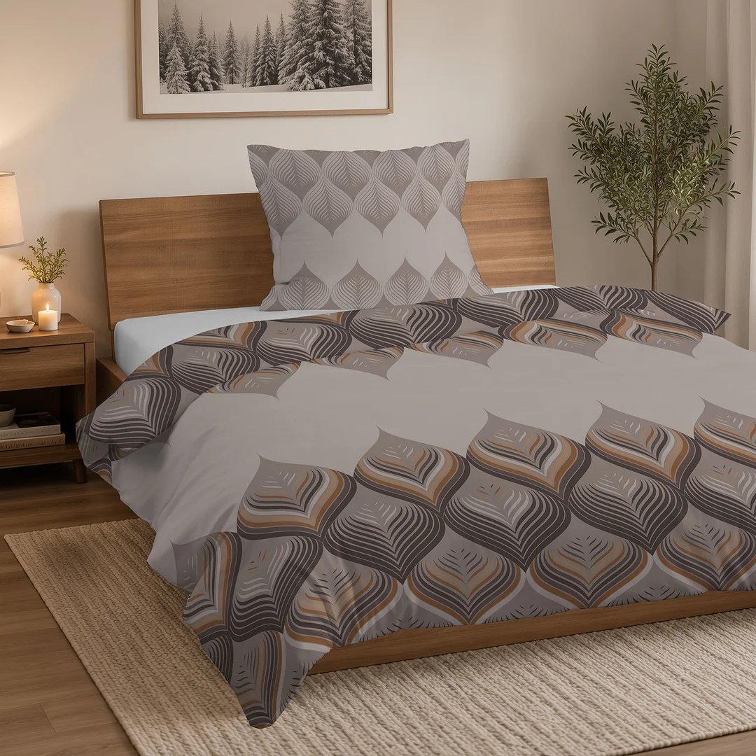 Pościel flanelowa 160x200 beżowa brązowa w geometryczne ornamenty - 6035 A - Flanela 2026 — zdjęcie 4