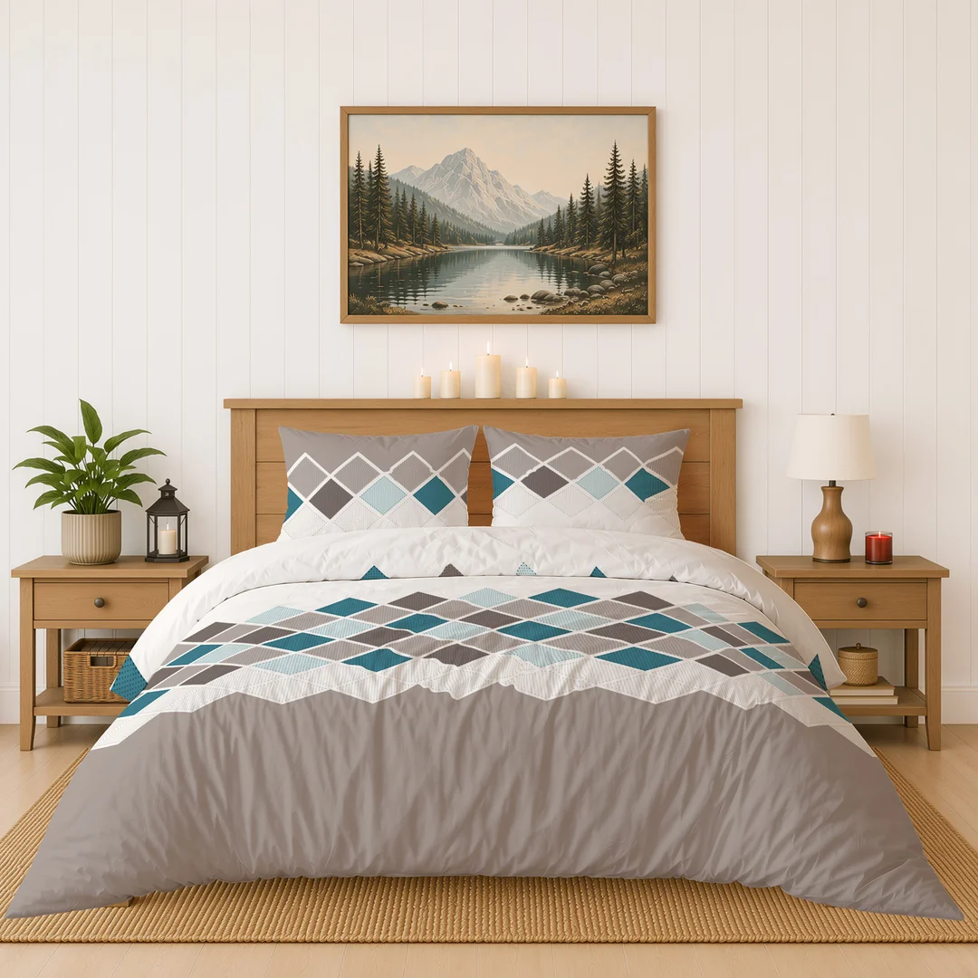 Pościel flanelowa 160x200 beżowa turkusowa w romby - 6036 A - Flanela 2026 — zdjęcie 3