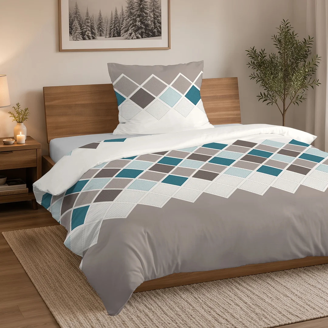 Pościel flanelowa 160x200 beżowa turkusowa w romby - 6036 A - Flanela 2026 — zdjęcie 4