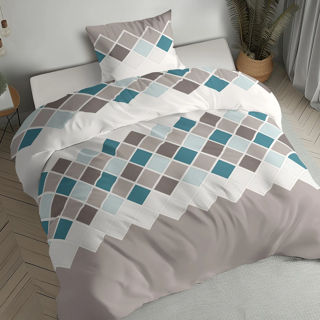 Pościel flanelowa 160x200 beżowa turkusowa w romby - 6036 A - Flanela 2026 — zdjęcie 5