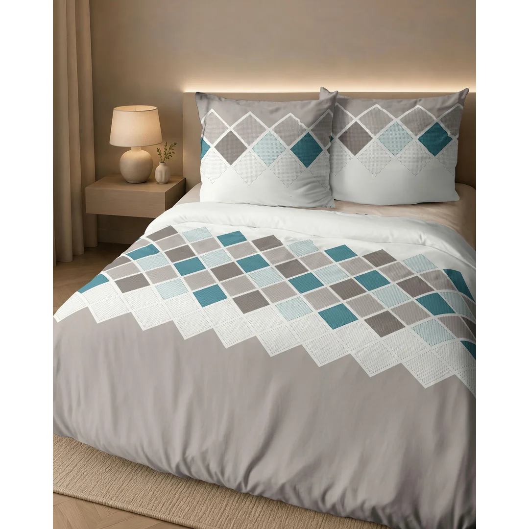 Pościel flanelowa 160x200 beżowa turkusowa w romby - 6036 A - Flanela 2026 — zdjęcie 7